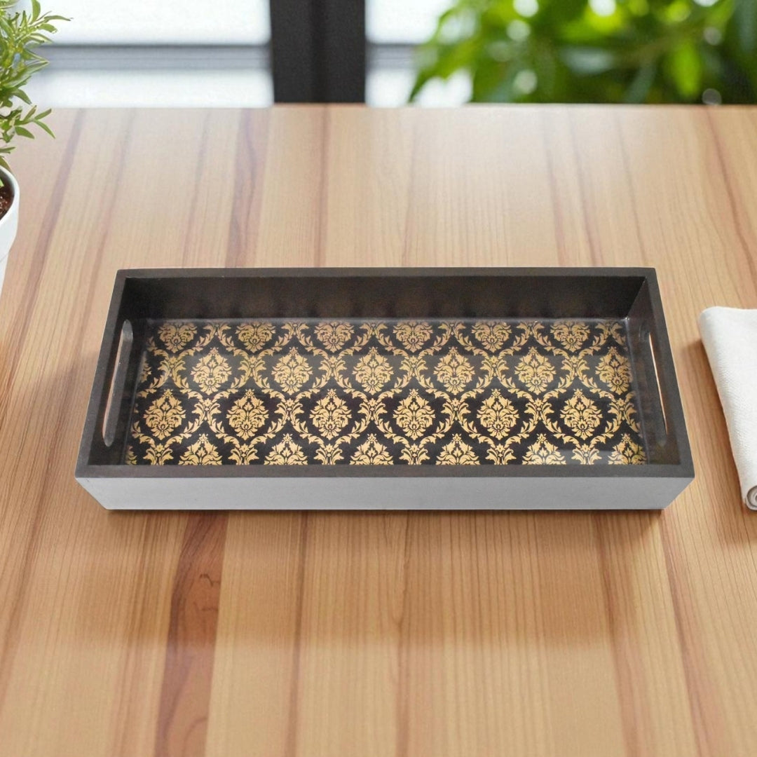 Handcrafted Black & Gold Floral Wooden Tray | Handmade Indian Tray