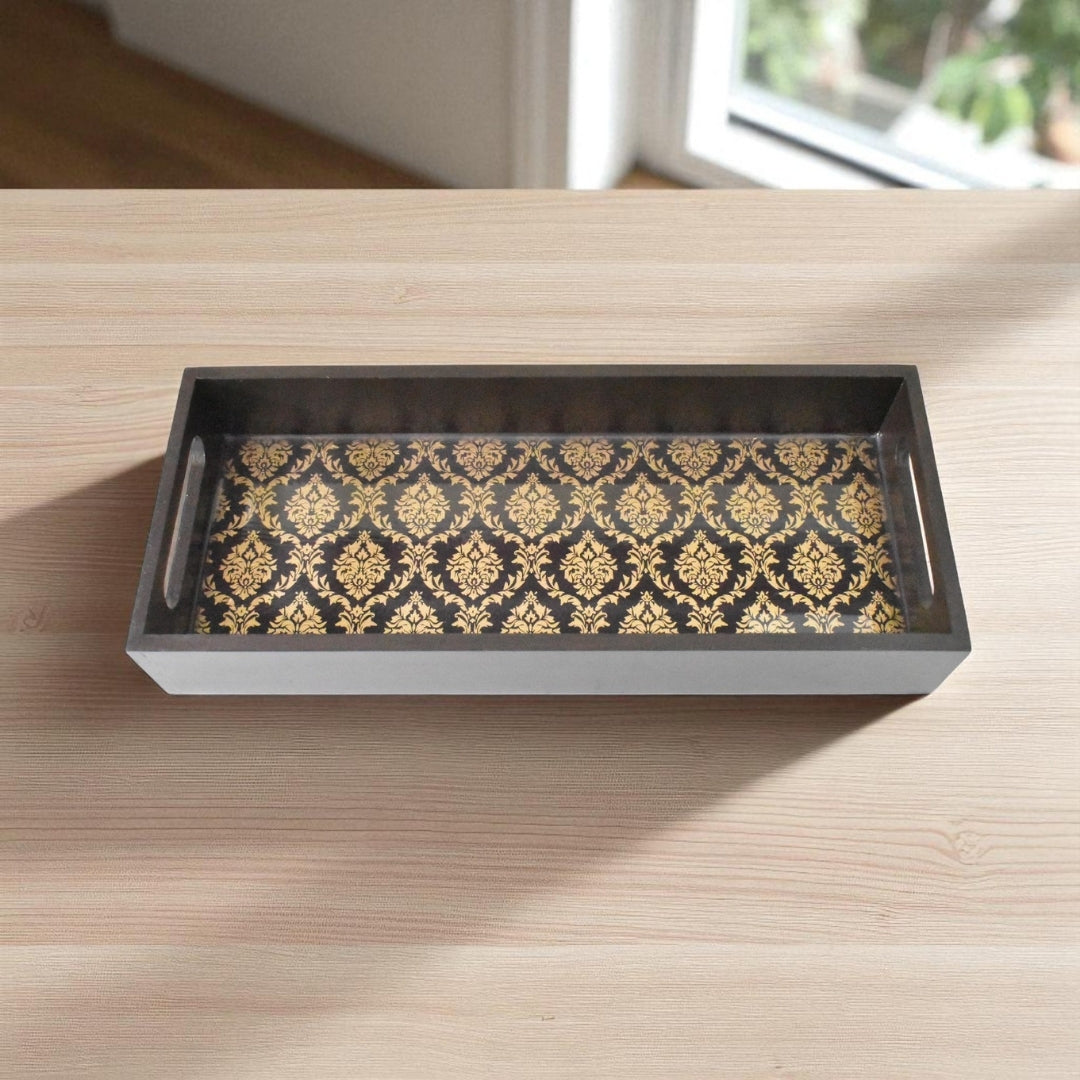 Handcrafted Black & Gold Floral Wooden Tray | Handmade Indian Tray