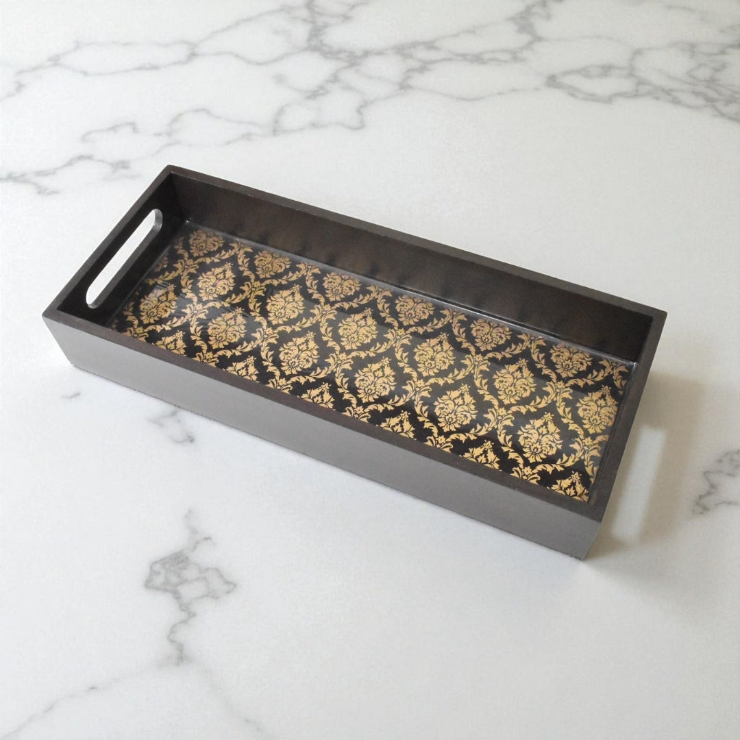 Handcrafted Black & Gold Floral Wooden Tray | Handmade Indian Tray