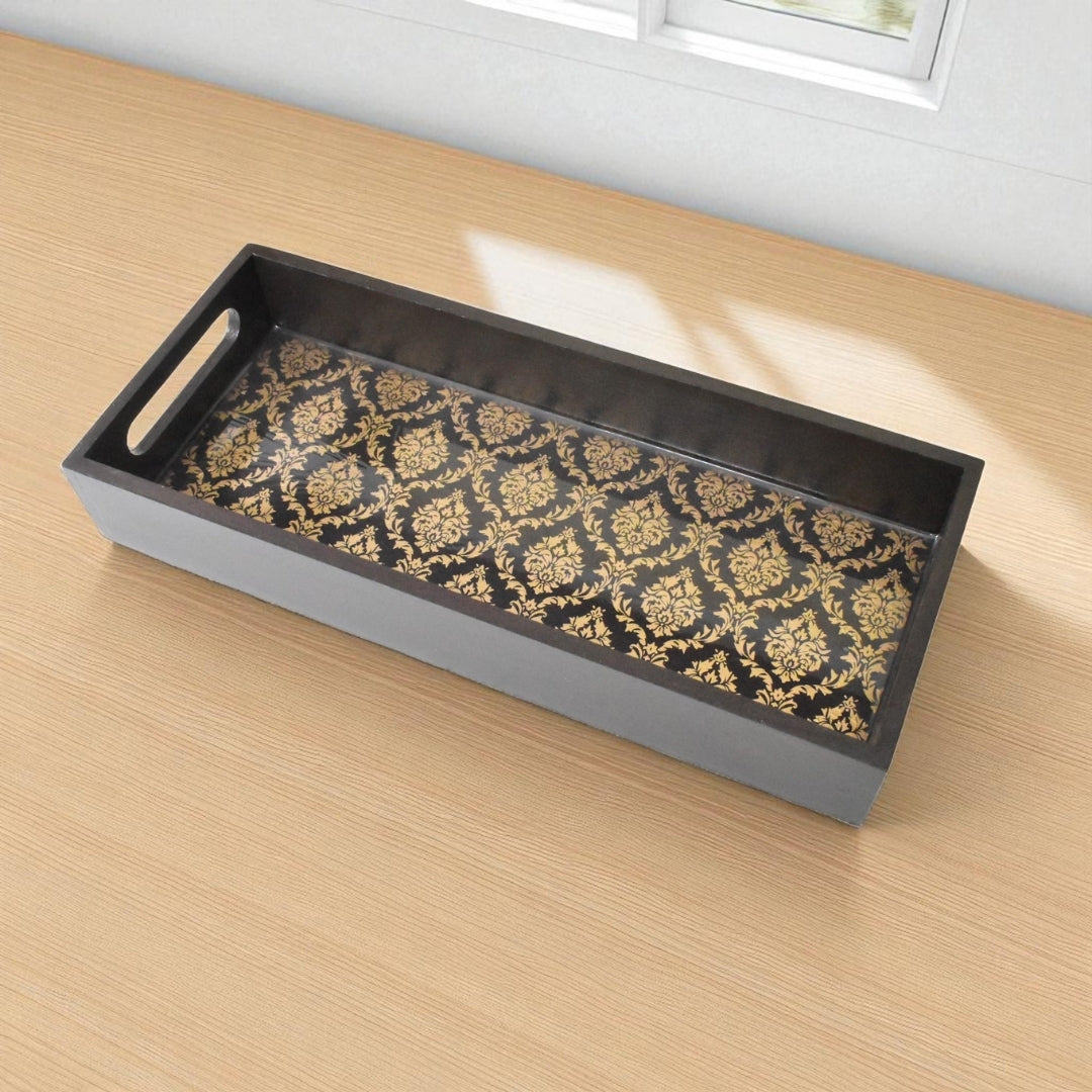 Handcrafted Black & Gold Floral Wooden Tray | Handmade Indian Tray
