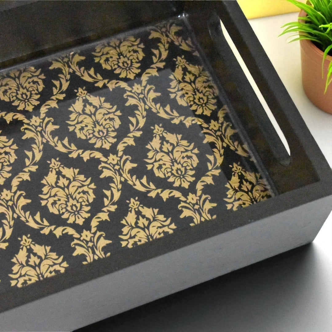 Handcrafted Black & Gold Floral Wooden Tray | Handmade Indian Tray
