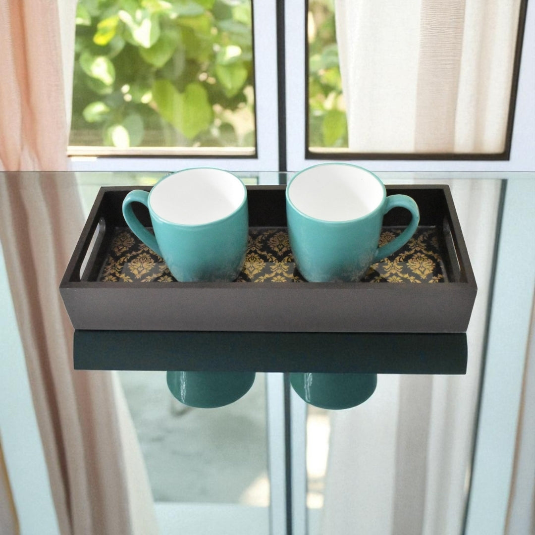 Handcrafted Black & Gold Floral Wooden Tray | Handmade Indian Tray