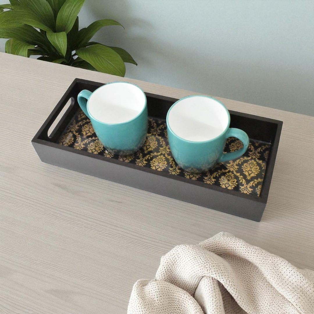 Handcrafted Black & Gold Floral Wooden Tray | Handmade Indian Tray
