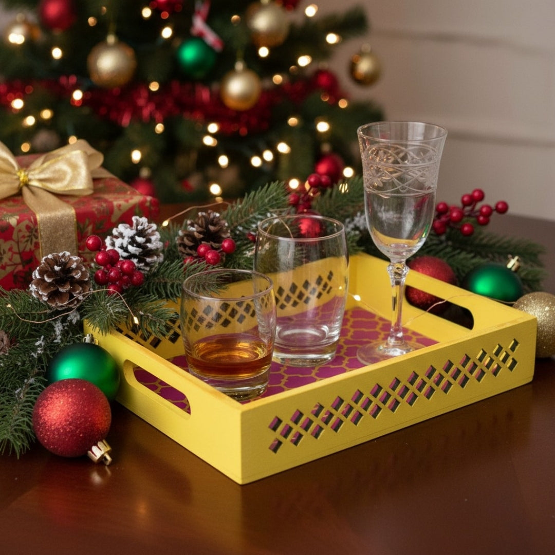 Handmade Yellow Pink Lattice Cutwork Tray