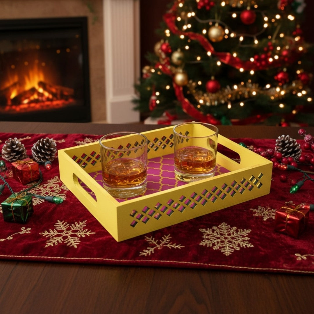Handmade Yellow Pink Lattice Cutwork Tray