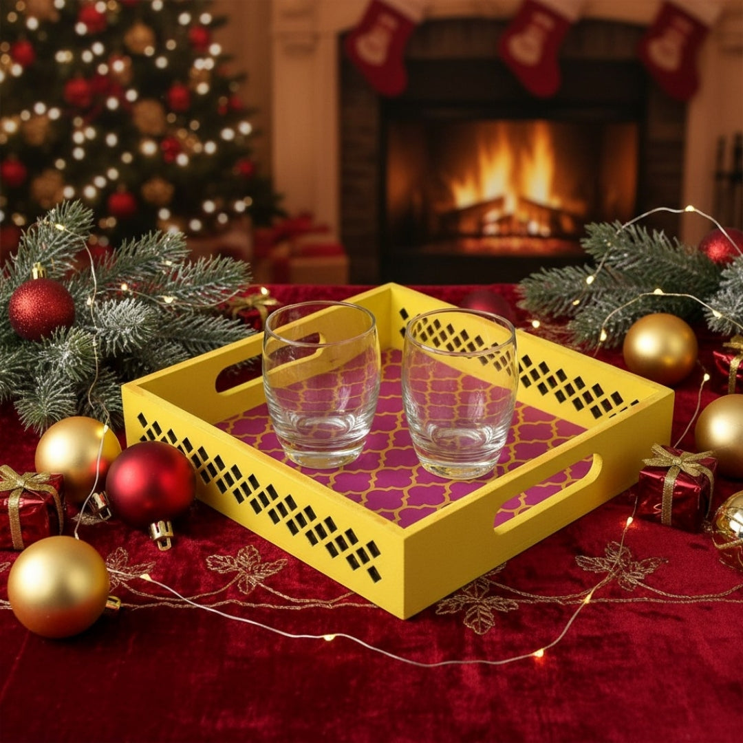 Handmade Yellow Pink Lattice Cutwork Tray