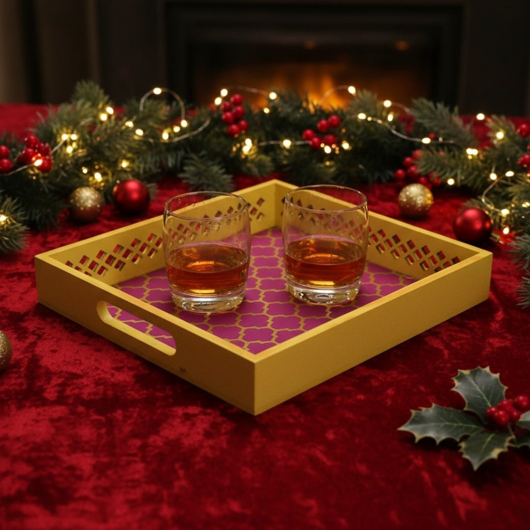 Handmade Yellow Pink Lattice Cutwork Tray