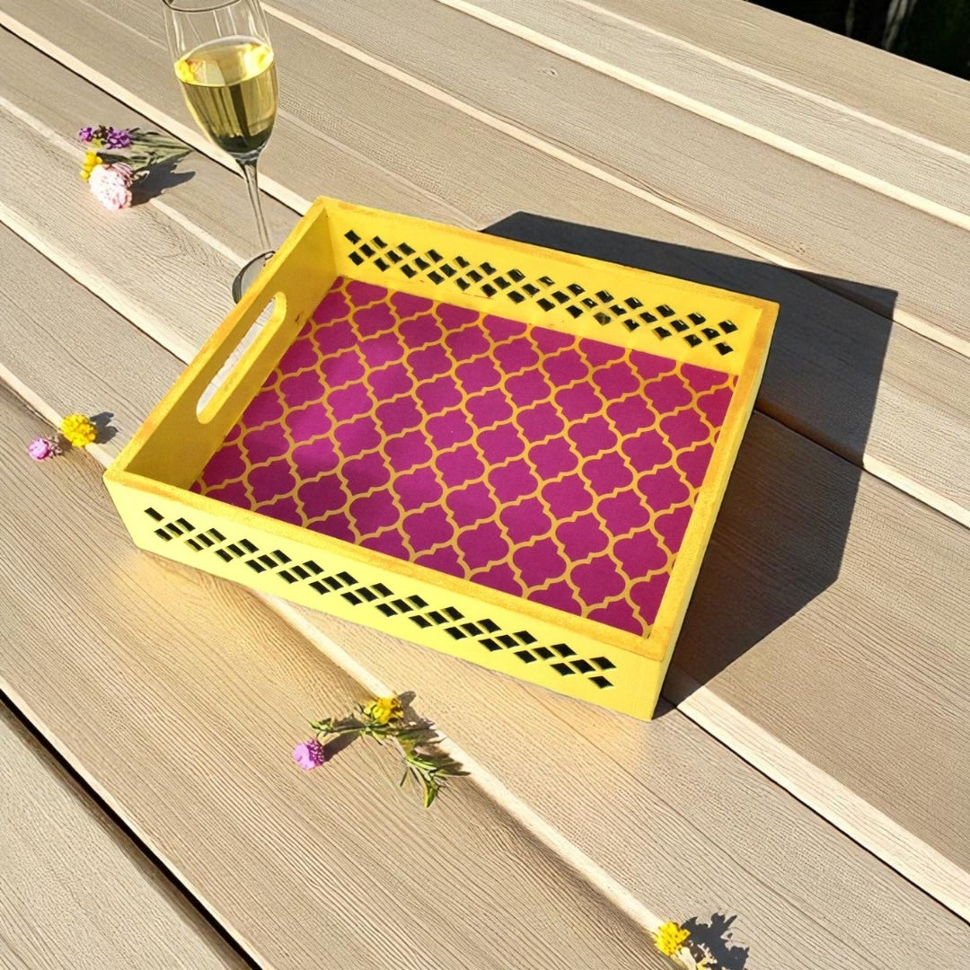 Handmade Yellow Pink Lattice Cutwork Tray
