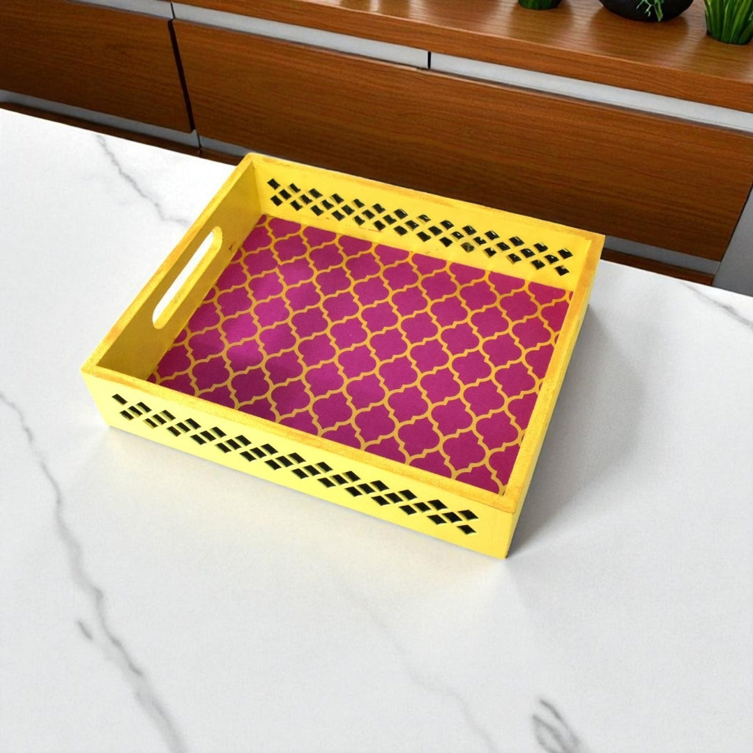 Handmade Yellow Pink Lattice Cutwork Tray