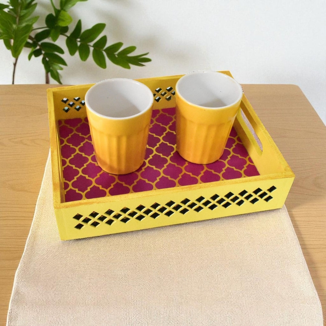 Handmade Yellow Pink Lattice Cutwork Tray