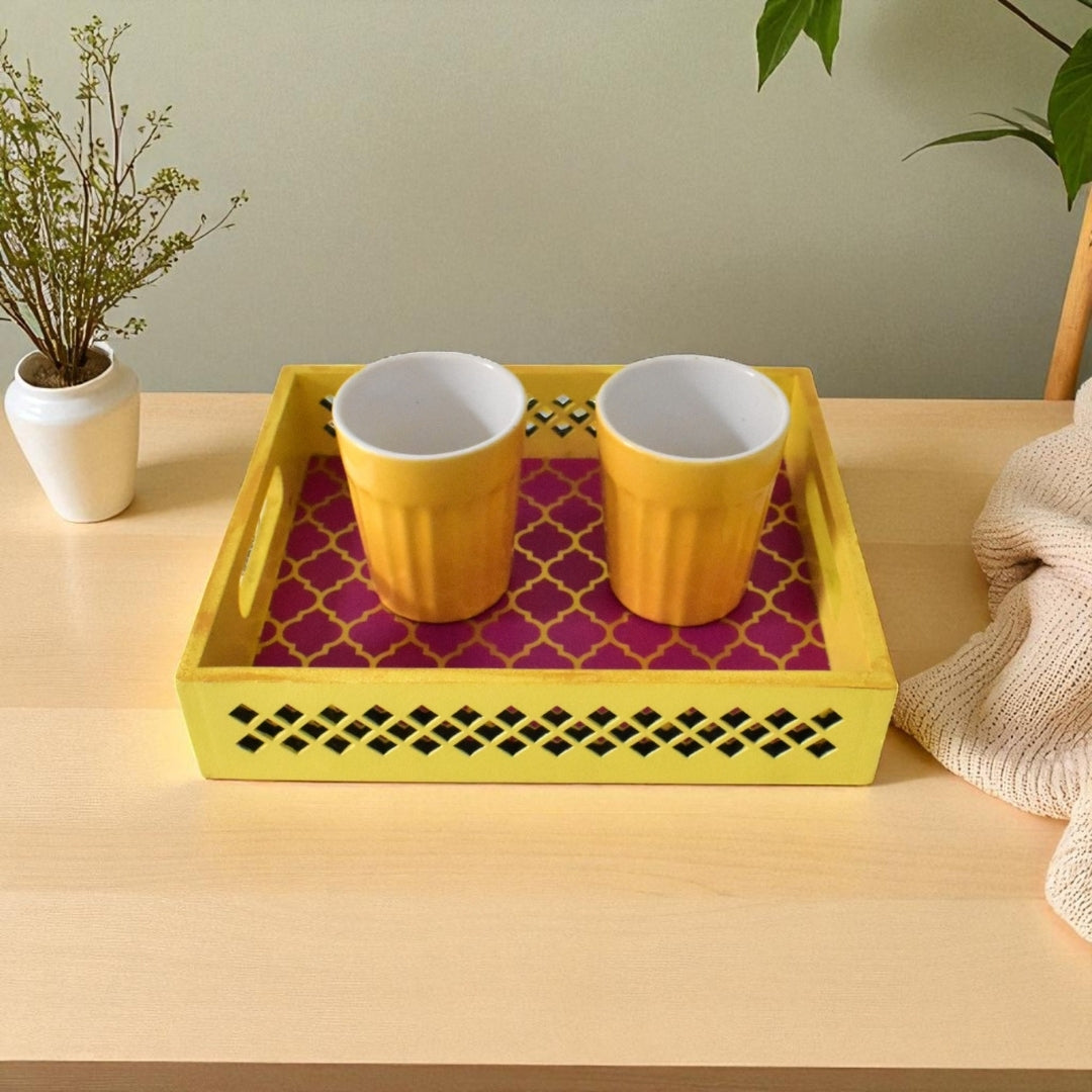 Handmade Yellow Pink Lattice Cutwork Tray