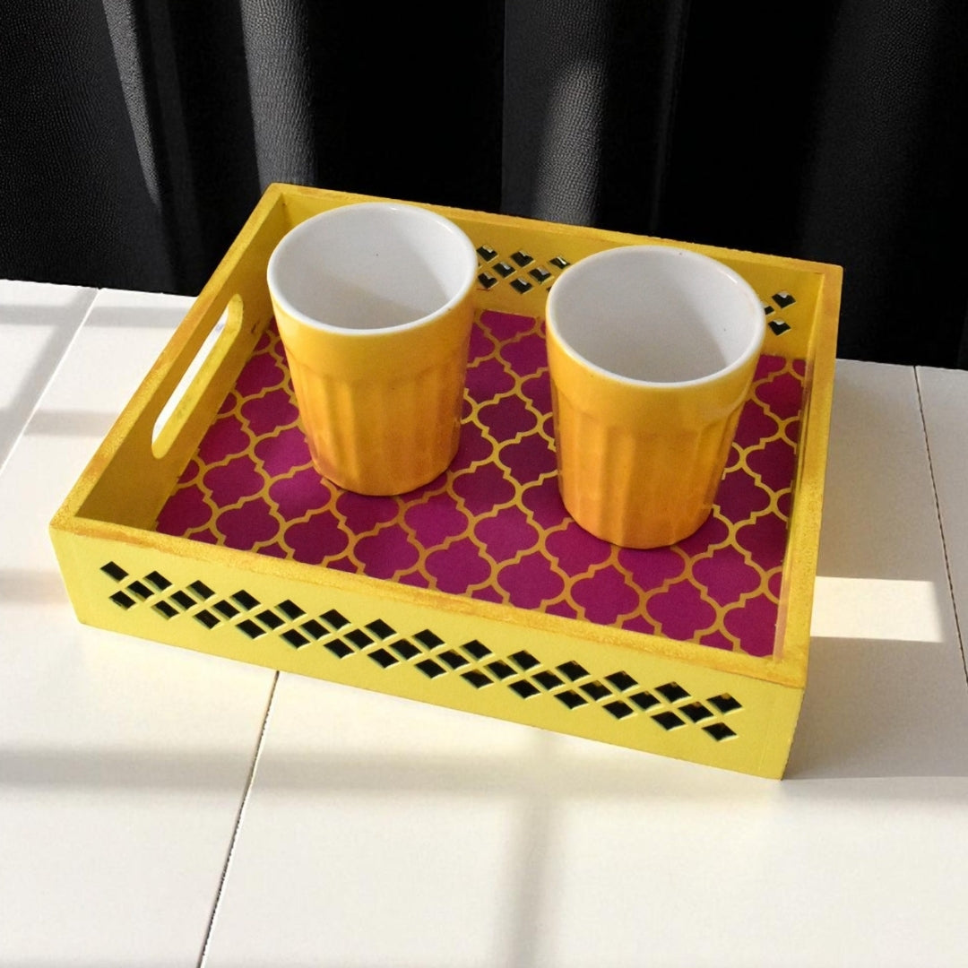 Handmade Yellow Pink Lattice Cutwork Tray