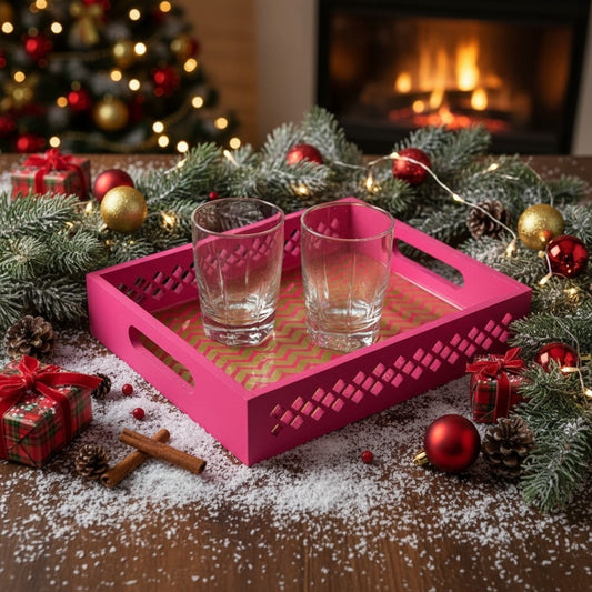 Handmade Mirror Work Tray – Pink Resin Art Home Decor Gift by Miraayaa