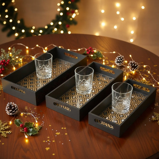 Handcrafted Moroccan Tray Set – Black & Gold Resin Mirror Trays (Set of 3)