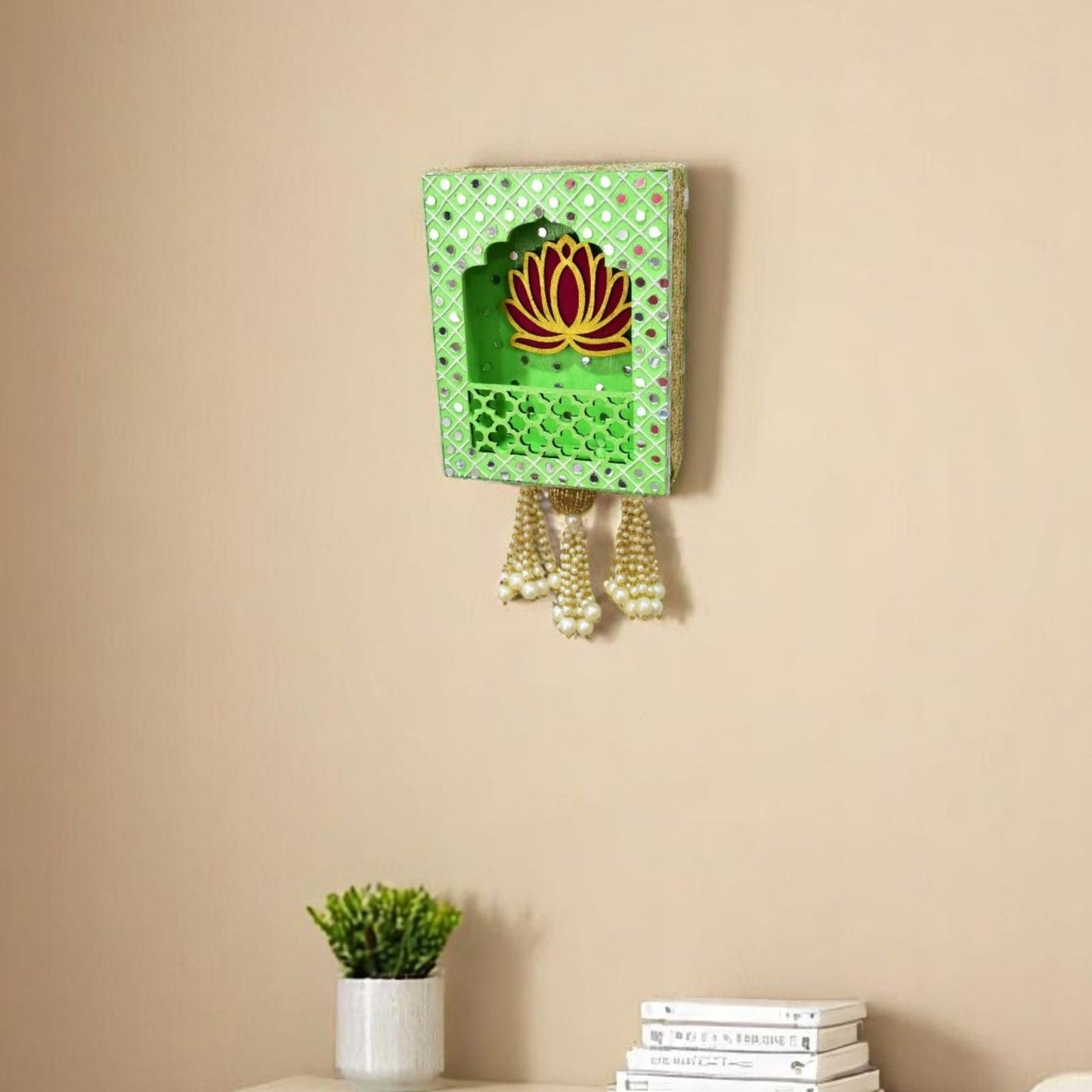 Decorative wall shelf with lotus design on a beige wall
