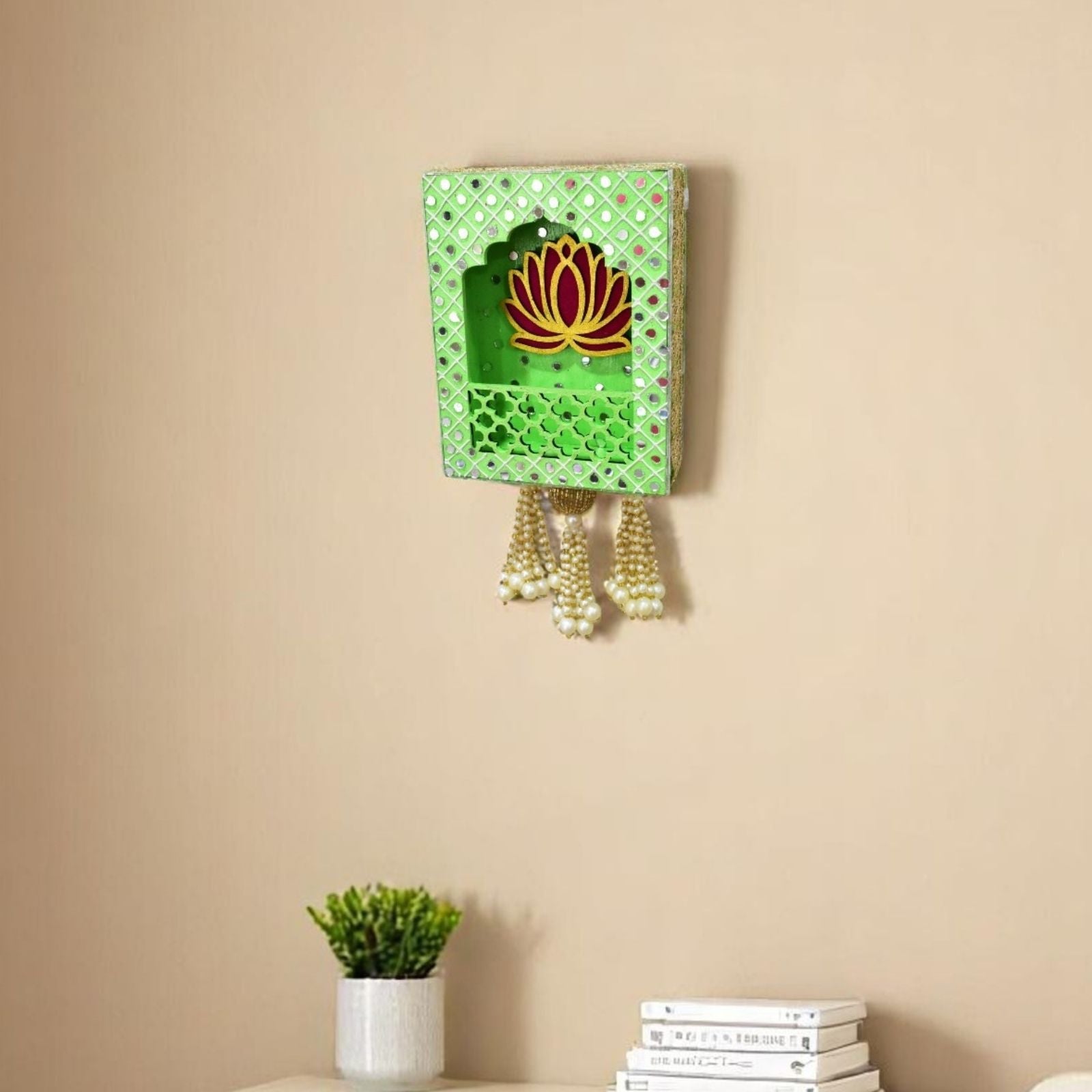 Decorative wall shelf with lotus design on a beige wall