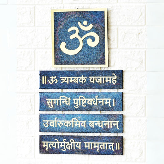 Decorative wall art with Om symbol and Sanskrit text on a white background