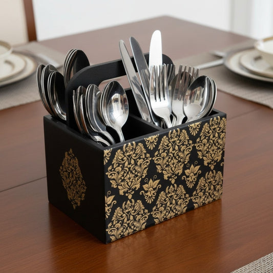 Artisan Wooden Cutlery Stand | Elegant Floral Dining Decor