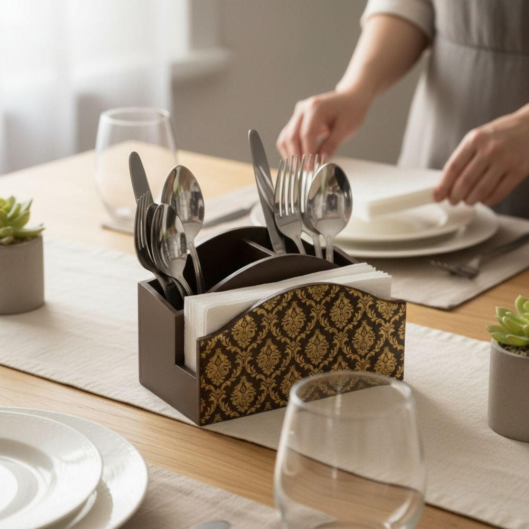 Elegant Wooden Cutlery & Tissue Organizer for Dining Tables