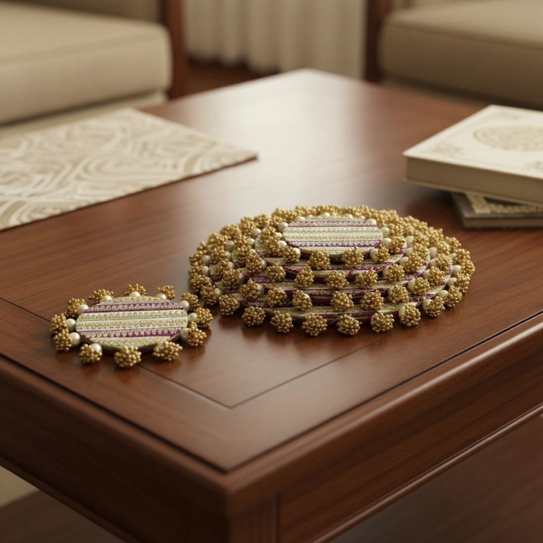 Luxury Purple & Gold Decorative MDF Platter Set for Pooja, Wedding & Festive Home Decor | Set of 5
