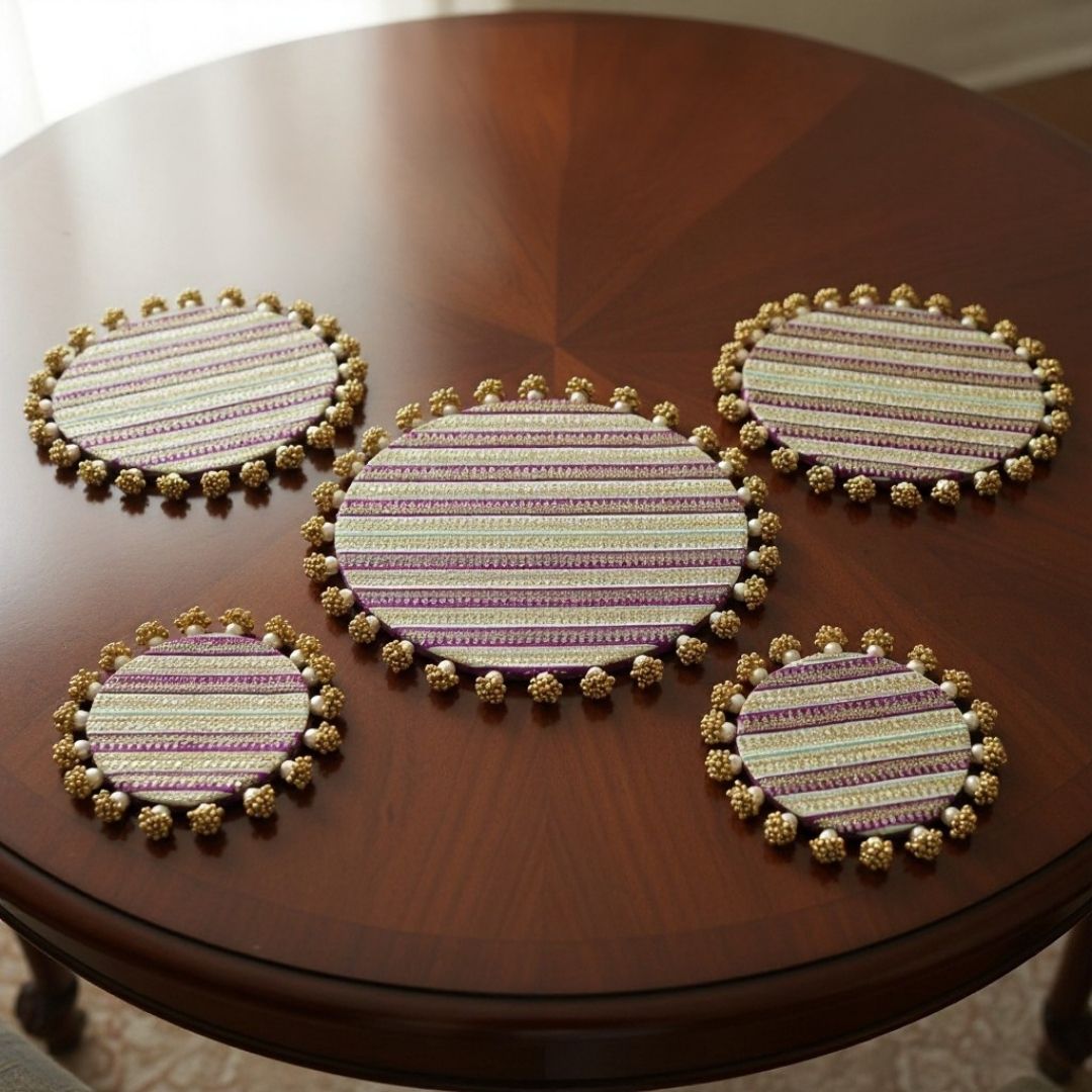 Luxury Purple & Gold Decorative MDF Platter Set for Pooja, Wedding & Festive Home Decor | Set of 5