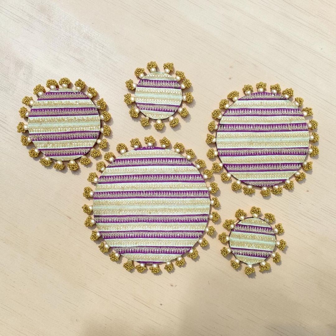 Luxury Purple & Gold Decorative MDF Platter Set for Pooja, Wedding & Festive Home Decor | Set of 5