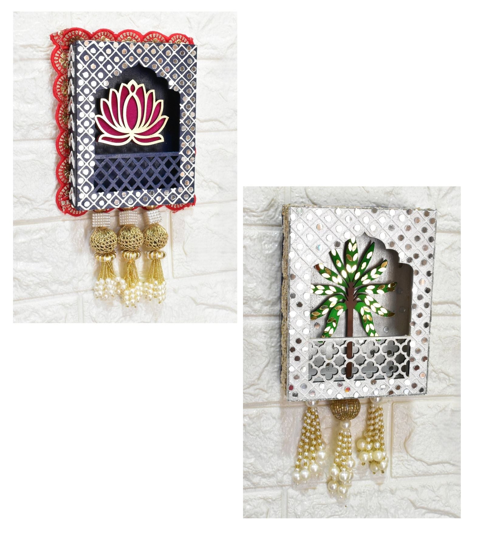 Decorative wall art pieces with floral and tree designs on a textured white background