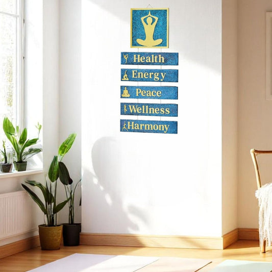 Yoga-themed wall decal with motivational phrases in a bright room.