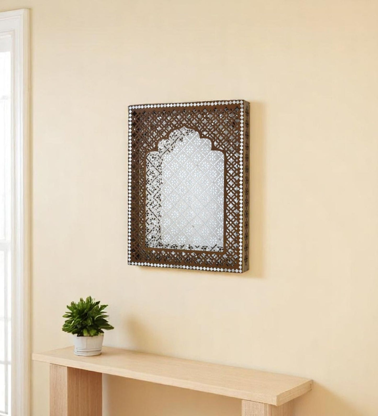 Handcrafted Brown Jharokha with Mirror Work – Traditional Wall Decor for Timeless Elegance