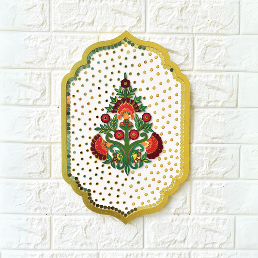 Decorative wall art with floral design on a textured white background