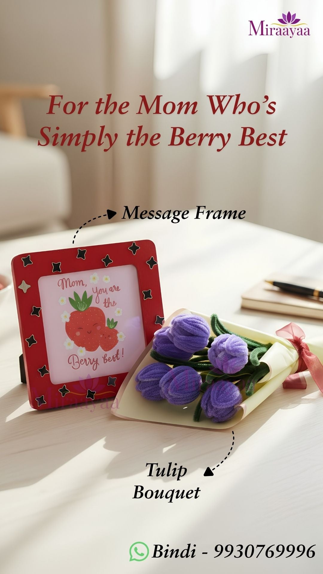 Handcraft Tulip Bouquet & Mom, You are the Berry Best Message Frame Hamper | Mother's Day Gift | Miraayaa