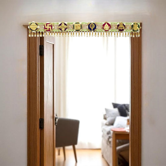 Green handcrafted Ashthamangala toran with traditional mirror work and 8 sacred symbols, ideal for ethnic home décor, door hanging, or pooja room decoration