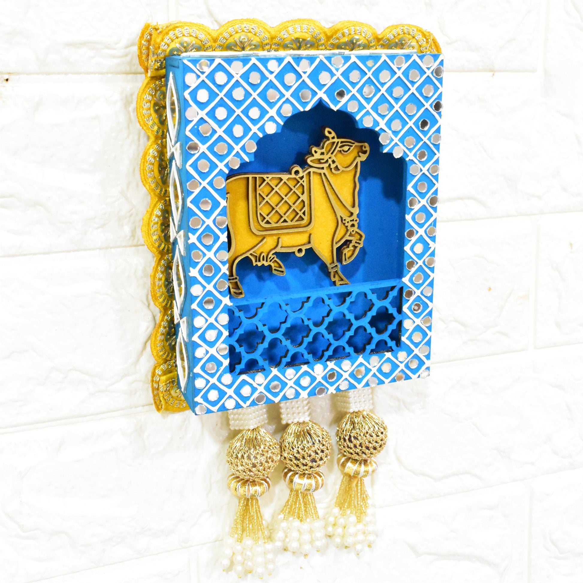Yellow Cow Wall hanging Indian with pearl and gold tassels