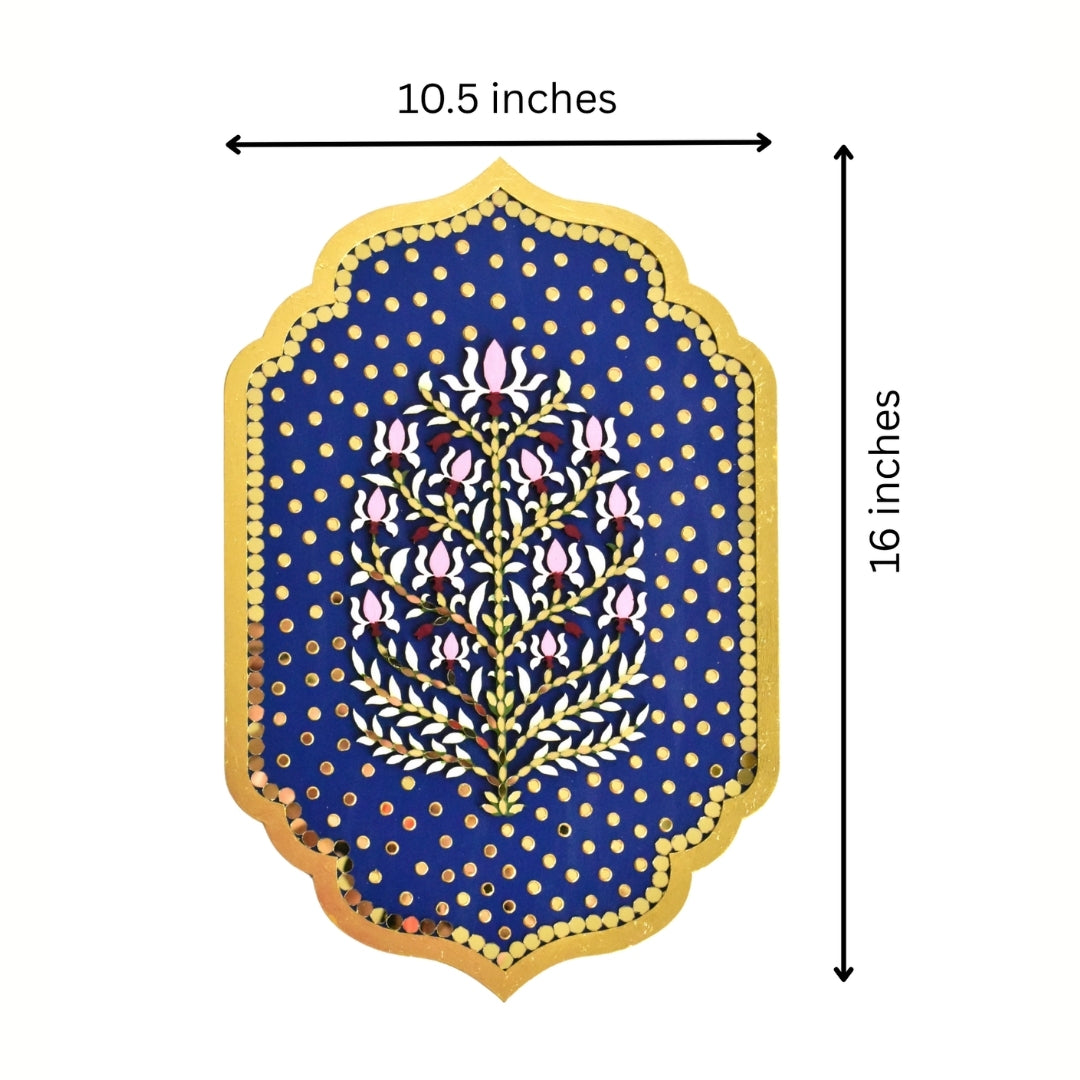 Dimensions of Indian blue floral wall art on a white background