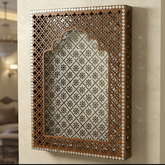 Decorative wall hanging jharokha with mirror & lattice design on a beige wall in the living room.