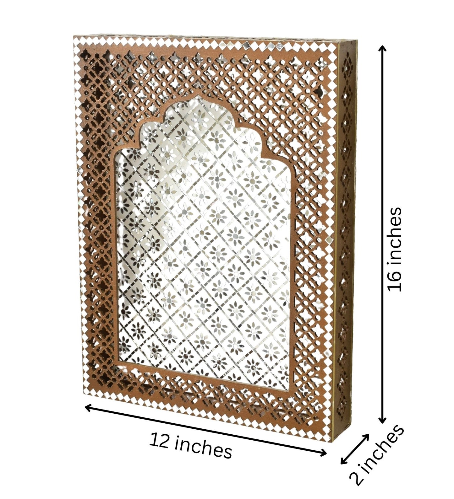 Dimensions of decorative brown jharokha wall mirror with intricate lattice design and a white background.