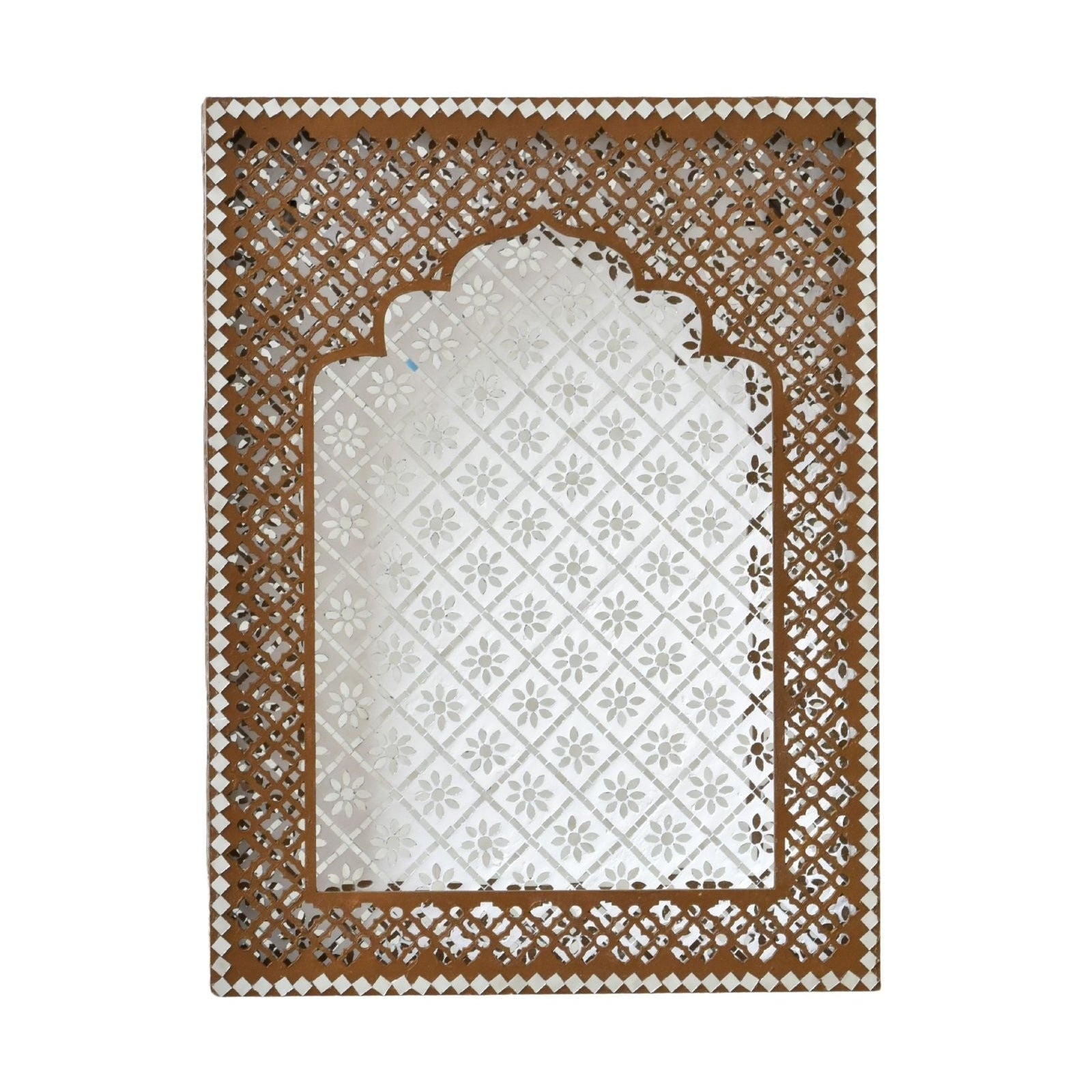 Decorative jharokha wall hanging with mirror & intricate lattice frame on a white background