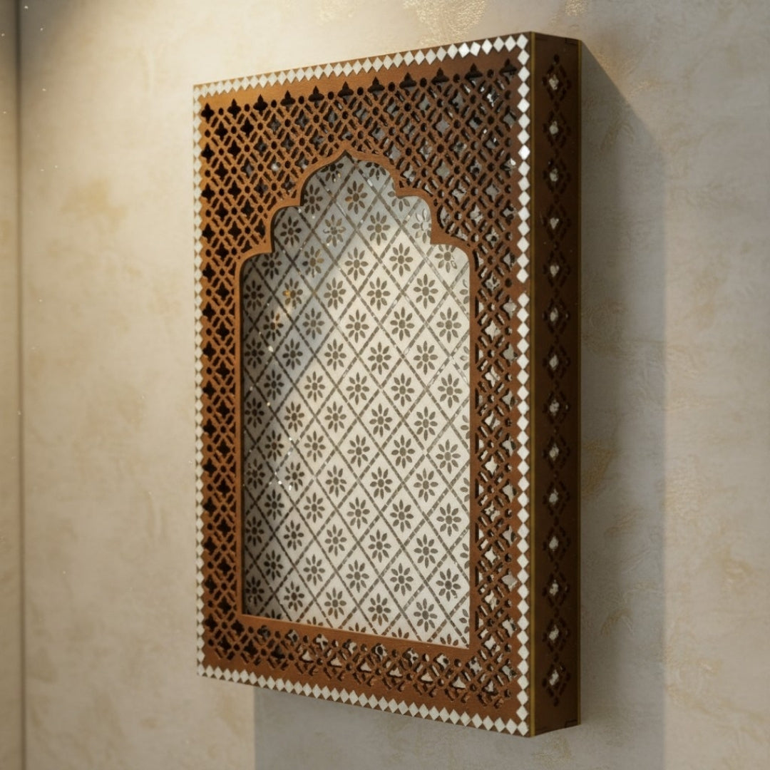 Brown Jharokha decorative wall panel with mirrors and intricate lattice design on a beige wall.