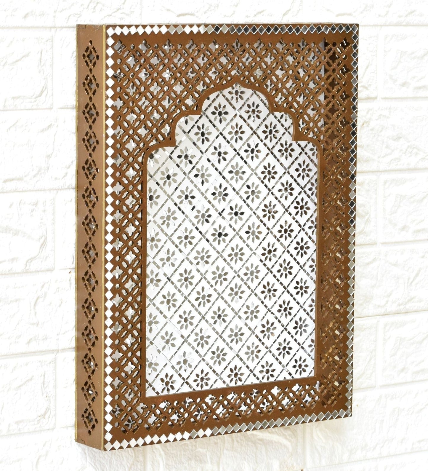 Decorative wall jharokha with mirror & intricate lattice design on a white background.