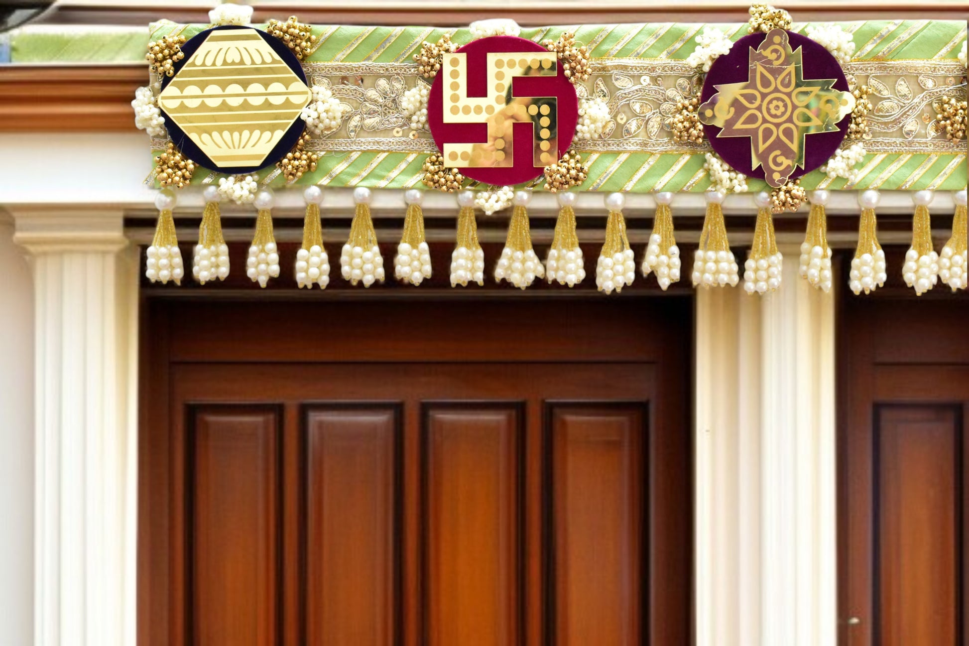 Green handcrafted Ashthamangala toran with traditional mirror work and 8 sacred symbols, ideal for ethnic home décor, door hanging, or pooja room decoration