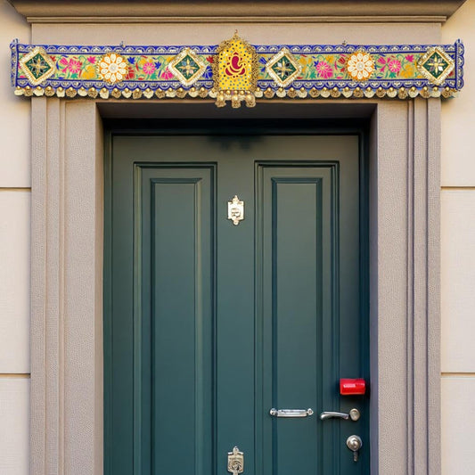Decorative Ganpati toran with yellow, green, blue embellishments
