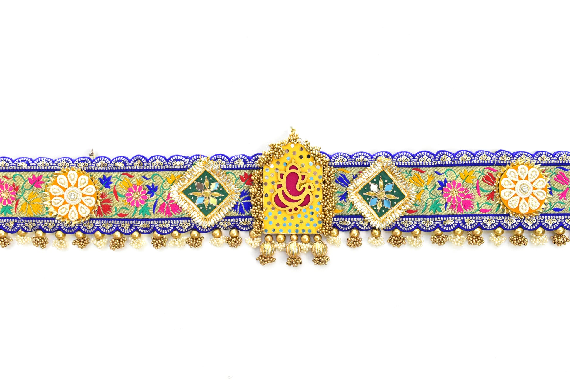 Decorative border with colorful flowers and a central emblem on a white background
