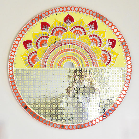 Circular mosaic art piece with a colorful design on a white background