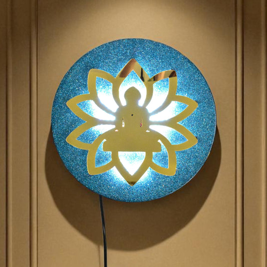 Decorative Wall Art of Lord Mahavir in meditation pose on a blue glittery background