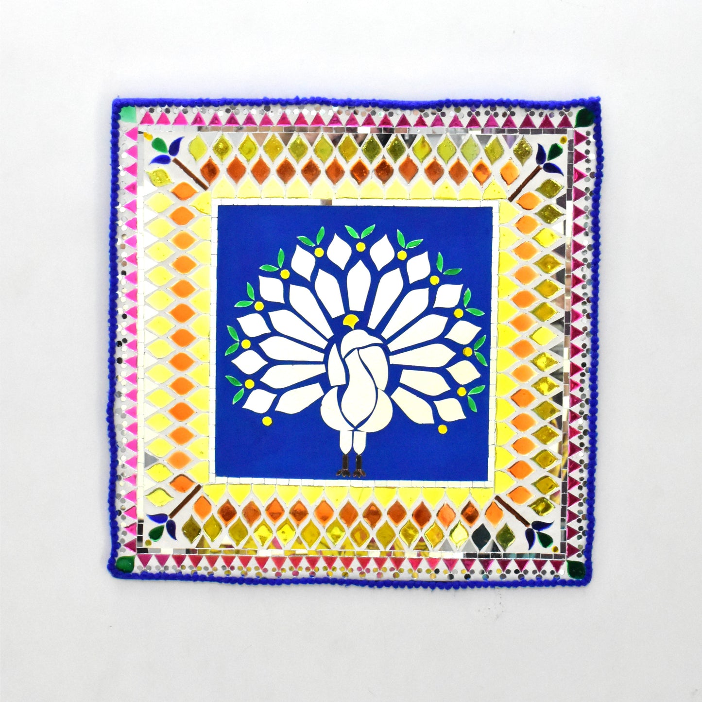 Decorative wall art with a colorful border and central design on a white background