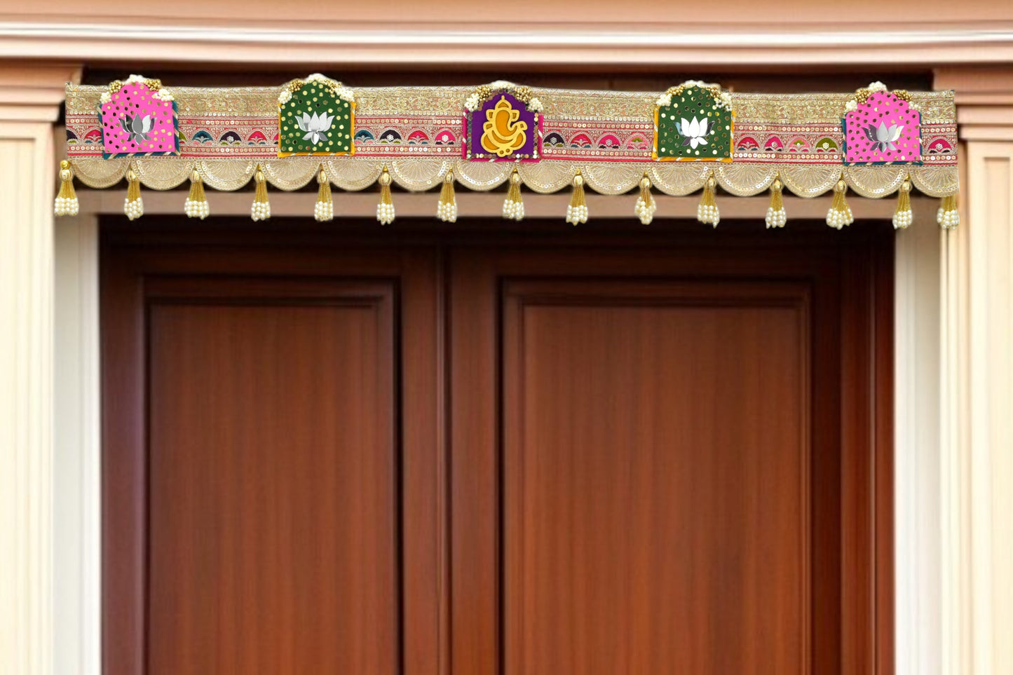 Decorative door toran with colorful elements on a wooden door