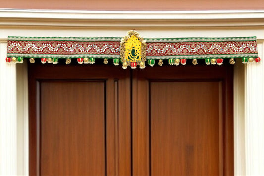 Decorative door toran hanging with colorful elements on a wooden door