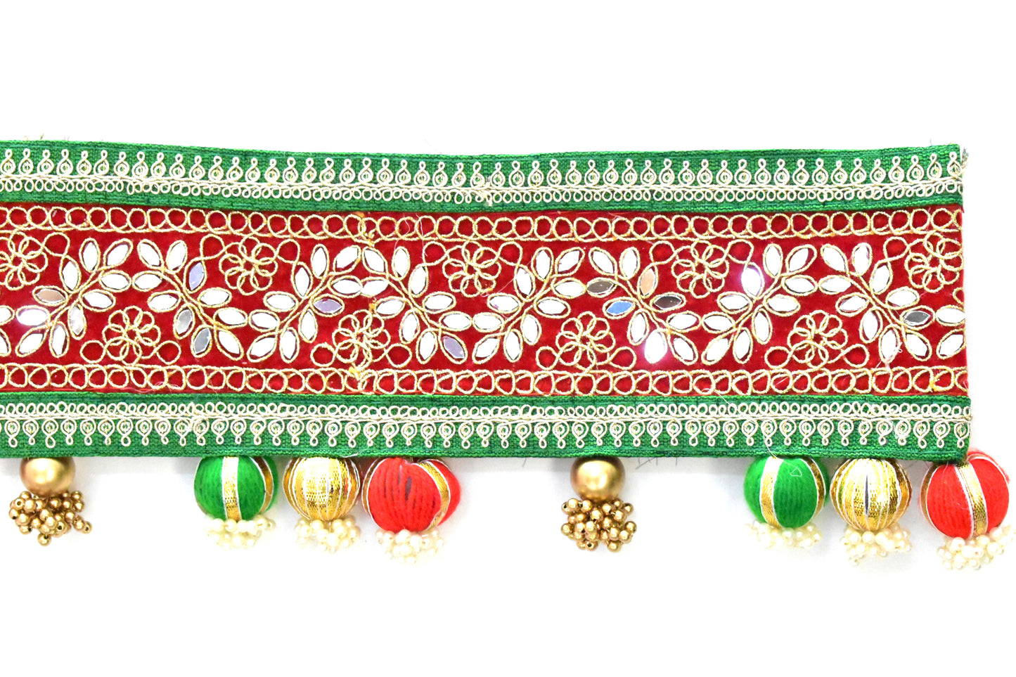 Decorative toran with floral patterns, beads, and tassels on a white background