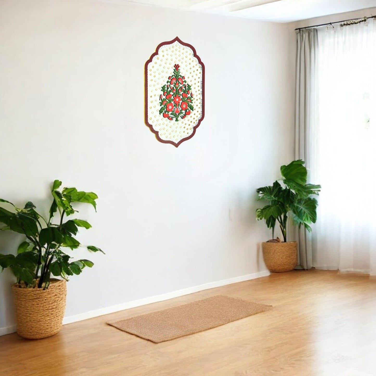 Yoga room with plants, mat, and wall art