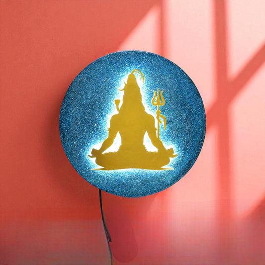 Decorative Wall Art of Lord Shiva in meditation on a blue glittery background